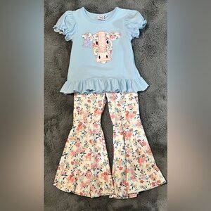 Marie Nicole Blue Ruffle Cow Top with Floral Bell Bottoms
